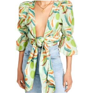 Juan De Dios Swimwear Cover Up Top S Wrap Tropical Print Bell Sleeve Tie Waist